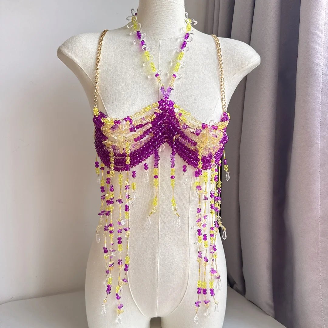 Women Tops Beaded Camisole Vest Bikini Bra Top Body Exaggerated Pearl Neck Bustier Beachwear Lingerie Woman's Club Rave - Clothesfassion.store