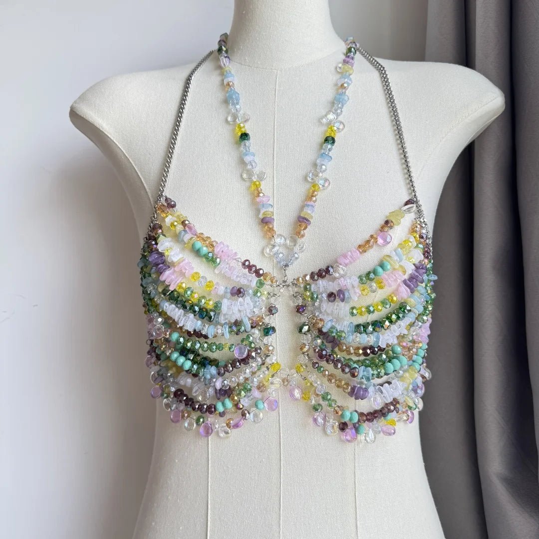 Women Tops Beaded Camisole Vest Bikini Bra Top Body Exaggerated Pearl Neck Bustier Beachwear Lingerie Woman's Club Rave - Clothesfassion.store