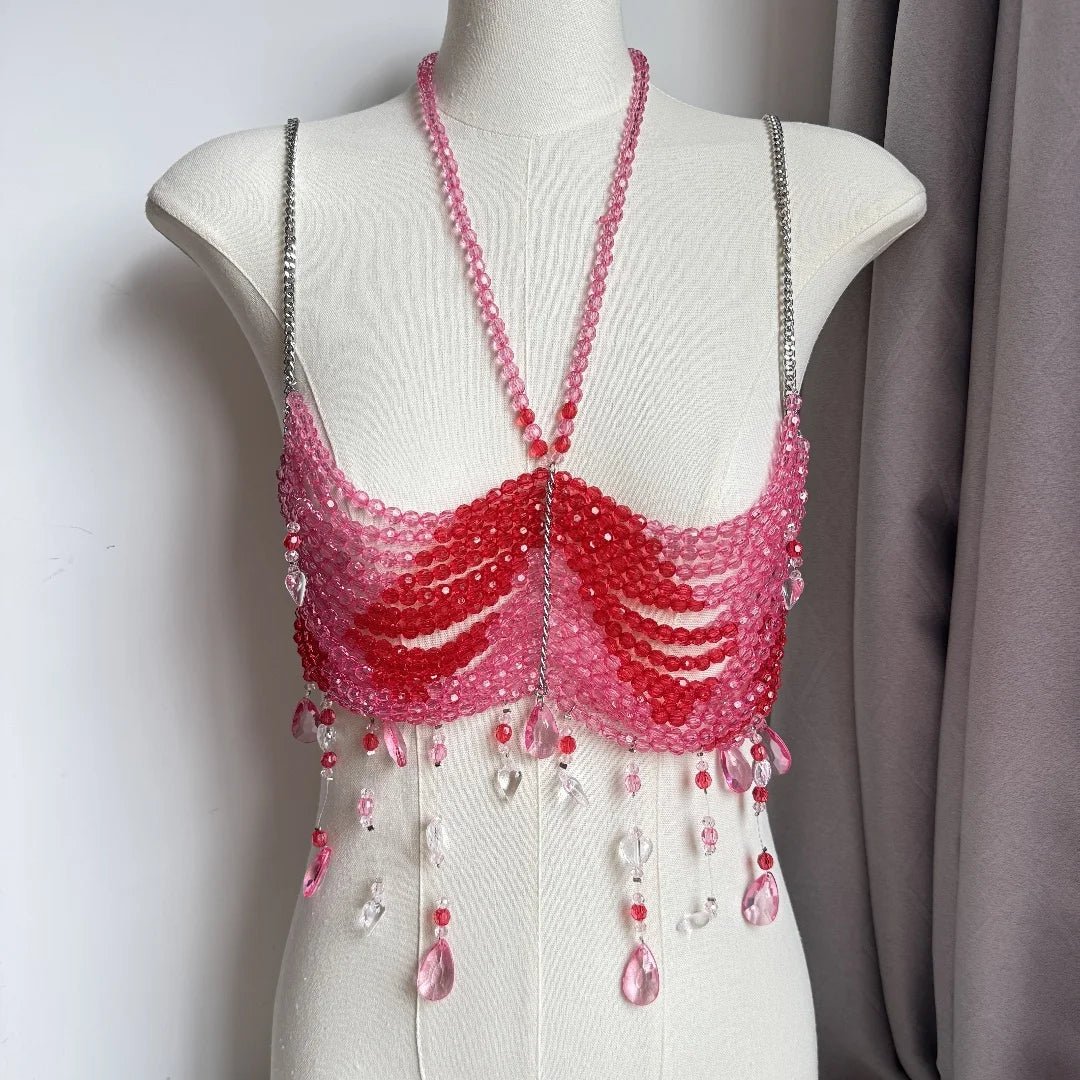 Women Tops Beaded Camisole Vest Bikini Bra Top Body Exaggerated Pearl Neck Bustier Beachwear Lingerie Woman's Club Rave - Clothesfassion.store