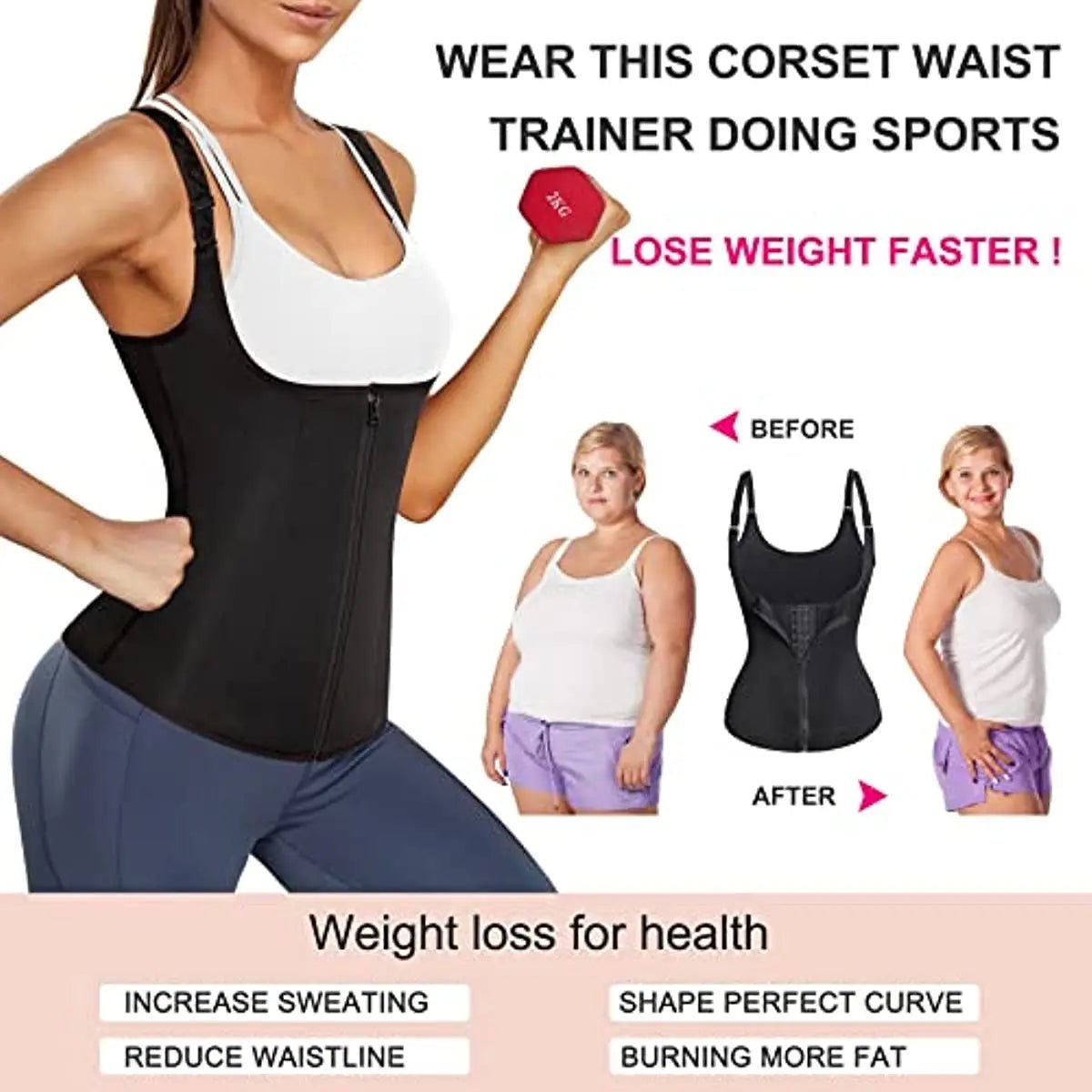 Women Waist Trainer Corset Zipper Vest Body Shaper Cincher Shapewear Slimming Belt Sports Girdle Neoprene Sauna Tank Top - Clothesfassion.store