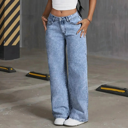 Women's Back Pocket Bow Embroidered Fashionable Wide Leg Pants Versatile Washed Denim Trousers - Clothesfassion.store