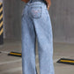 Women's Back Pocket Bow Embroidered Fashionable Wide Leg Pants Versatile Washed Denim Trousers - Clothesfassion.store