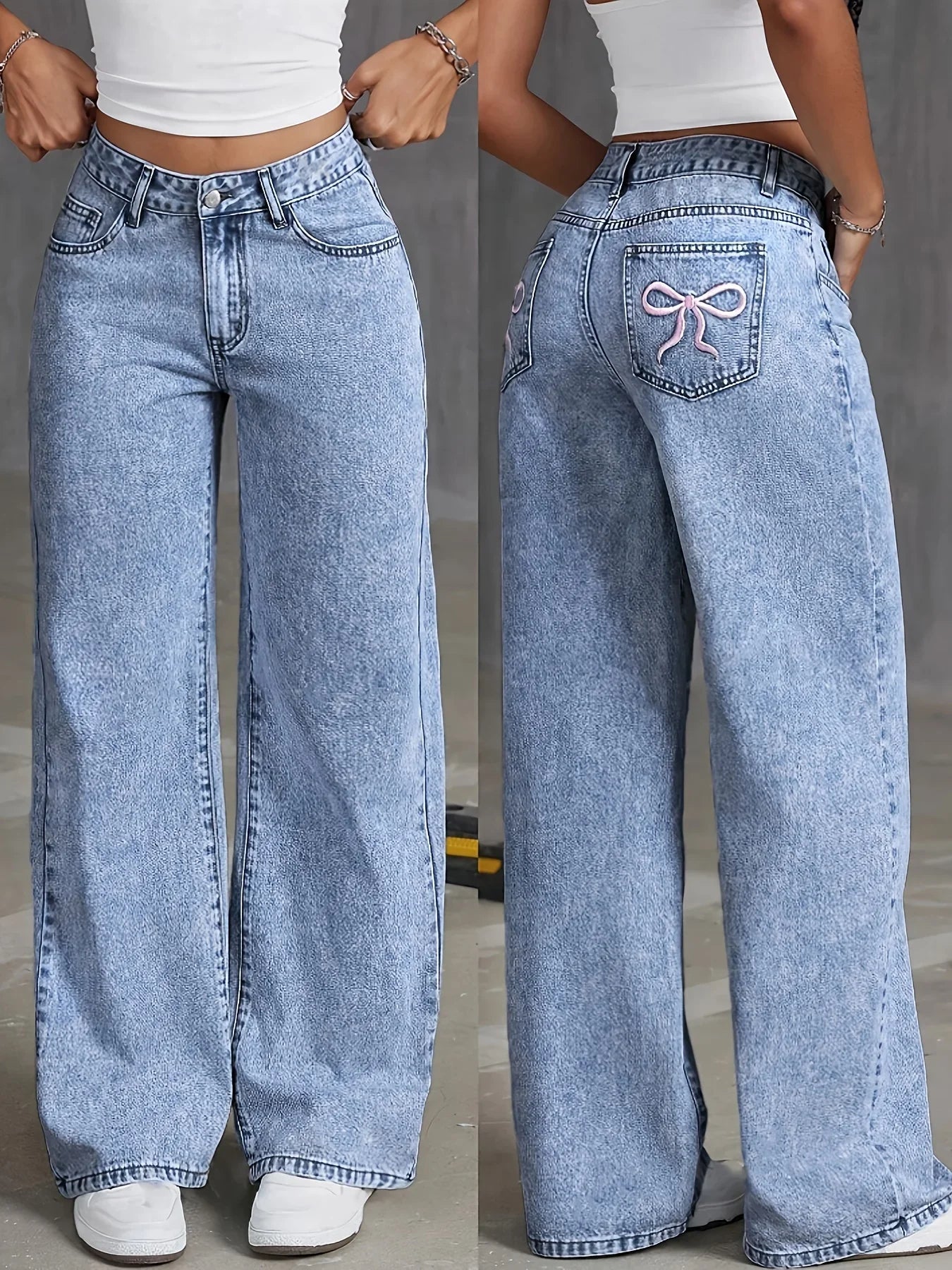 Women's Back Pocket Bow Embroidered Fashionable Wide Leg Pants Versatile Washed Denim Trousers - Clothesfassion.store