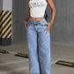 Women's Back Pocket Bow Embroidered Fashionable Wide Leg Pants Versatile Washed Denim Trousers - Clothesfassion.store