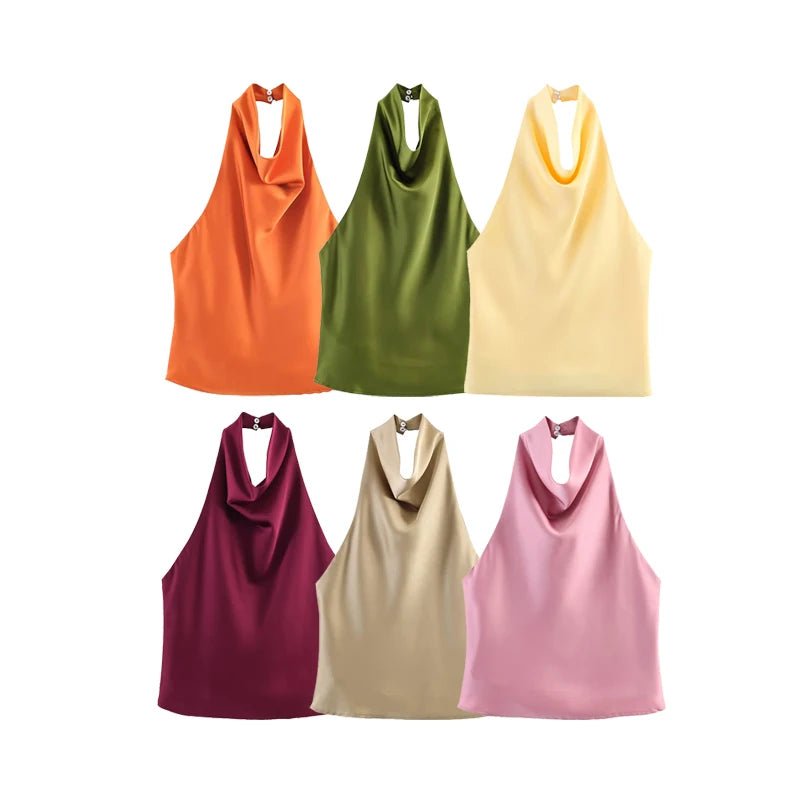 Women's Halter Tops Fashion Satin Sexy Backless Top Summer Woman Sleeveless Tops Female Chic Tops - Clothesfassion.store