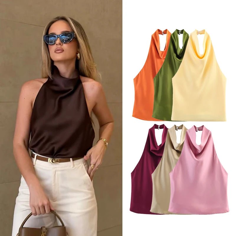 Women's Halter Tops Fashion Satin Sexy Backless Top Summer Woman Sleeveless Tops Female Chic Tops - Clothesfassion.store