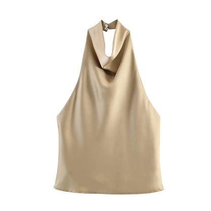 Women's Halter Tops Fashion Satin Sexy Backless Top Summer Woman Sleeveless Tops Female Chic Tops - Clothesfassion.store