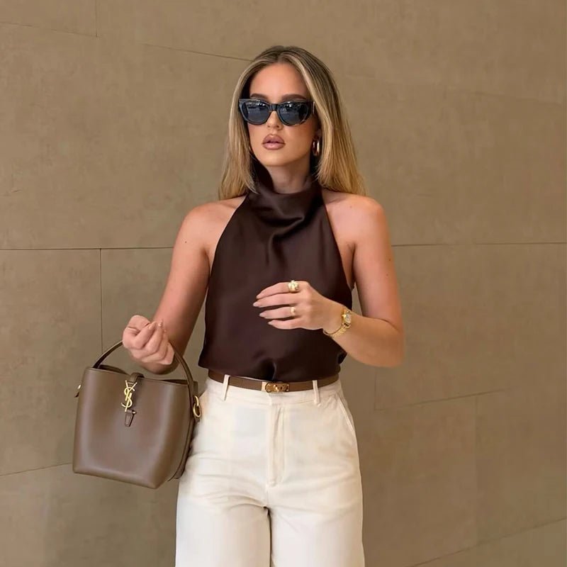 Women's Halter Tops Fashion Satin Sexy Backless Top Summer Woman Sleeveless Tops Female Chic Tops - Clothesfassion.store