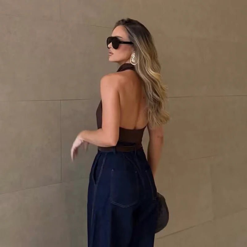 Women's Halter Tops Fashion Satin Sexy Backless Top Summer Woman Sleeveless Tops Female Chic Tops - Clothesfassion.store