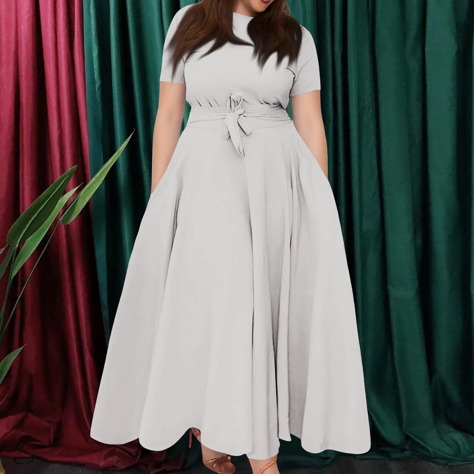 Women's Large Size Dresses Casual Fashion Elegant Matching Dress Simple Solid Round Neck Short Sleeve Pocket Big Swing Dress 6XL - Clothesfassion.store