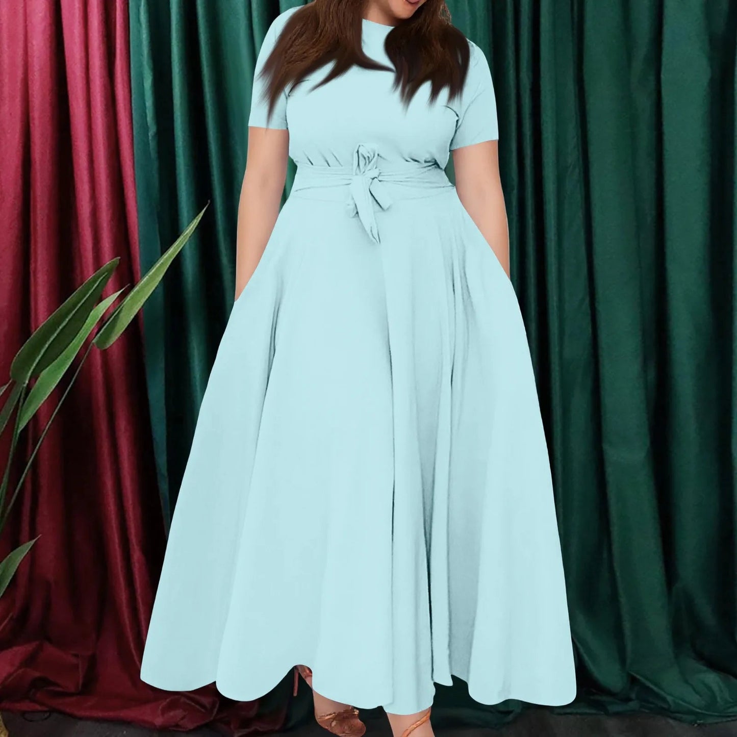 Women's Large Size Dresses Casual Fashion Elegant Matching Dress Simple Solid Round Neck Short Sleeve Pocket Big Swing Dress 6XL - Clothesfassion.store