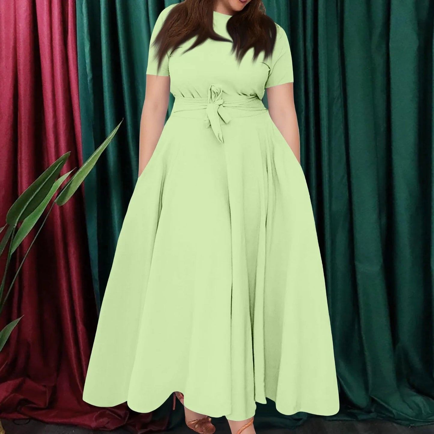 Women's Large Size Dresses Casual Fashion Elegant Matching Dress Simple Solid Round Neck Short Sleeve Pocket Big Swing Dress 6XL - Clothesfassion.store