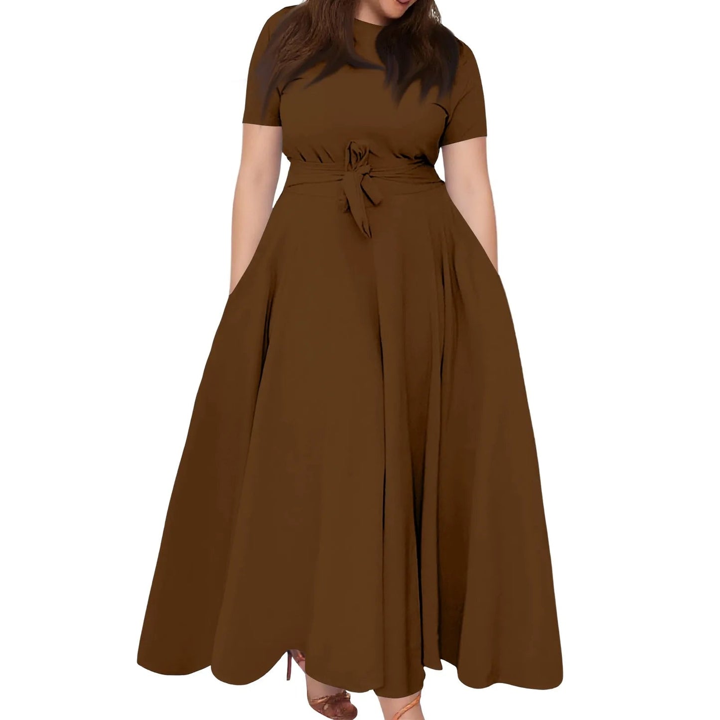 Women's Large Size Dresses Casual Fashion Elegant Matching Dress Simple Solid Round Neck Short Sleeve Pocket Big Swing Dress 6XL - Clothesfassion.store
