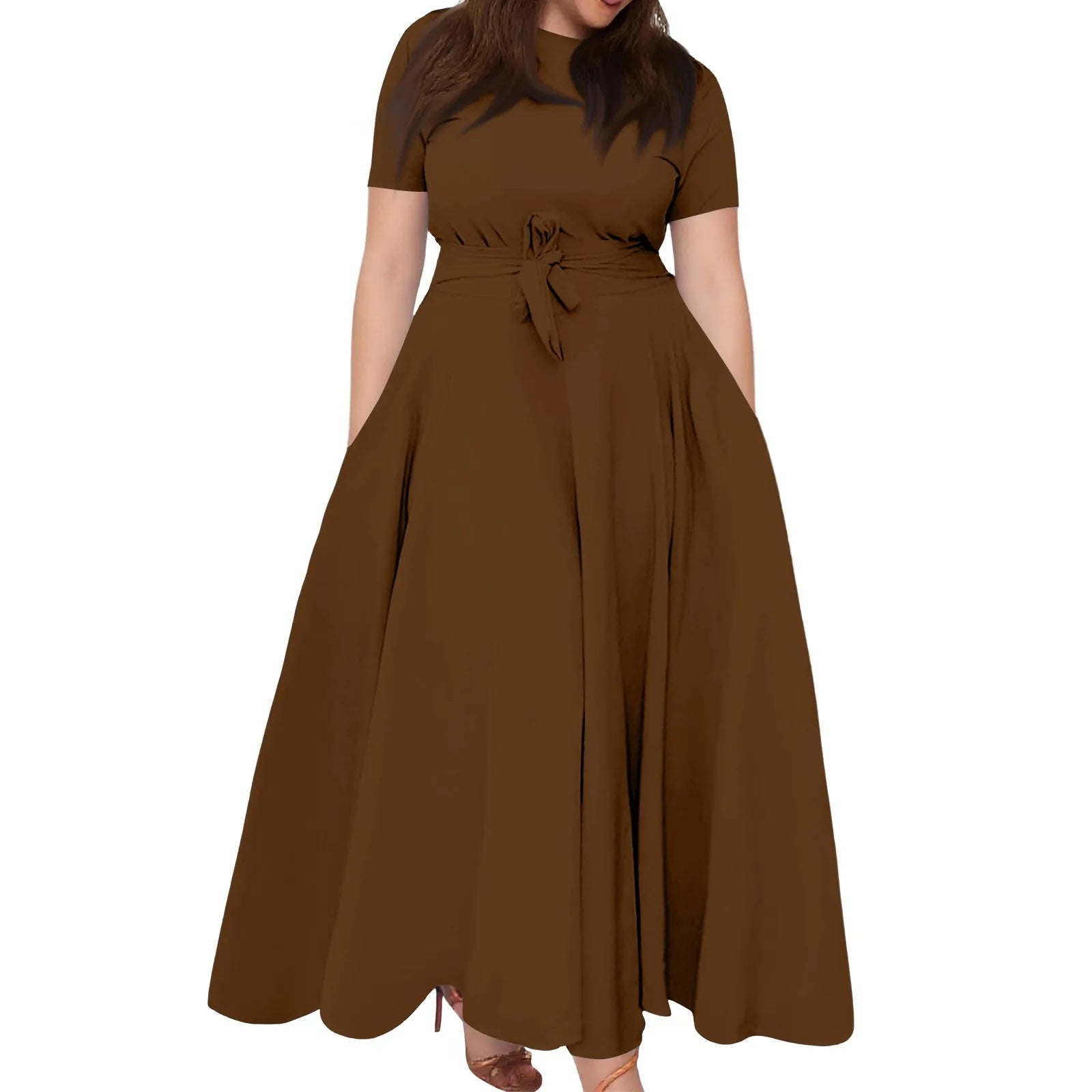 Women's Large Size Dresses Casual Fashion Elegant Matching Dress Simple Solid Round Neck Short Sleeve Pocket Big Swing Dress 6XL - Clothesfassion.store