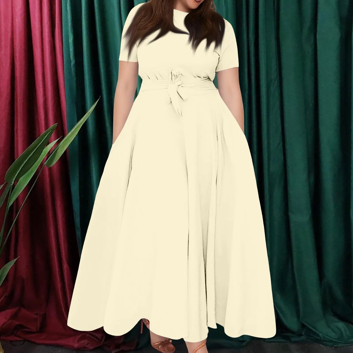 Women's Large Size Dresses Casual Fashion Elegant Matching Dress Simple Solid Round Neck Short Sleeve Pocket Big Swing Dress 6XL - Clothesfassion.store