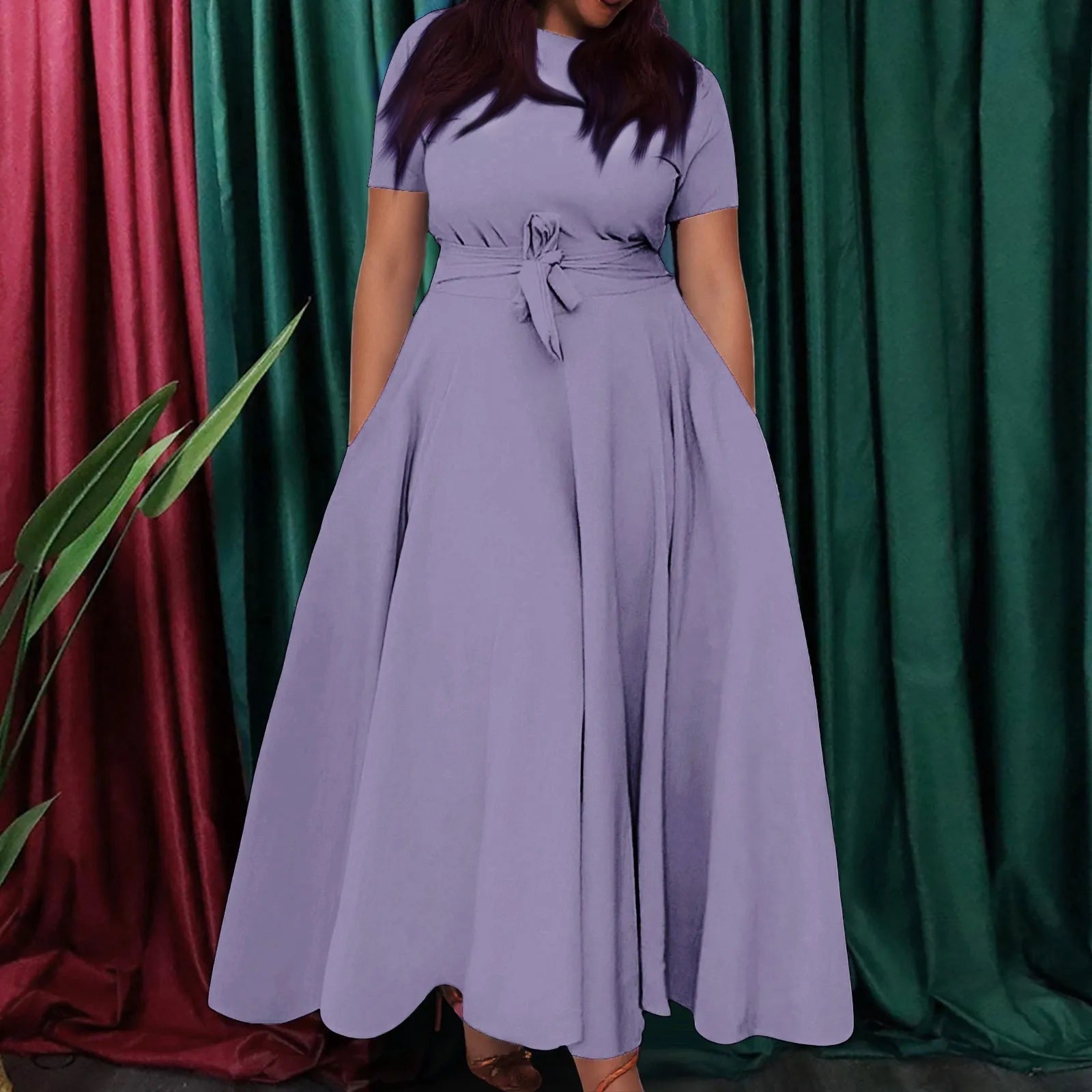 Women's Large Size Dresses Casual Fashion Elegant Matching Dress Simple Solid Round Neck Short Sleeve Pocket Big Swing Dress 6XL - Clothesfassion.store