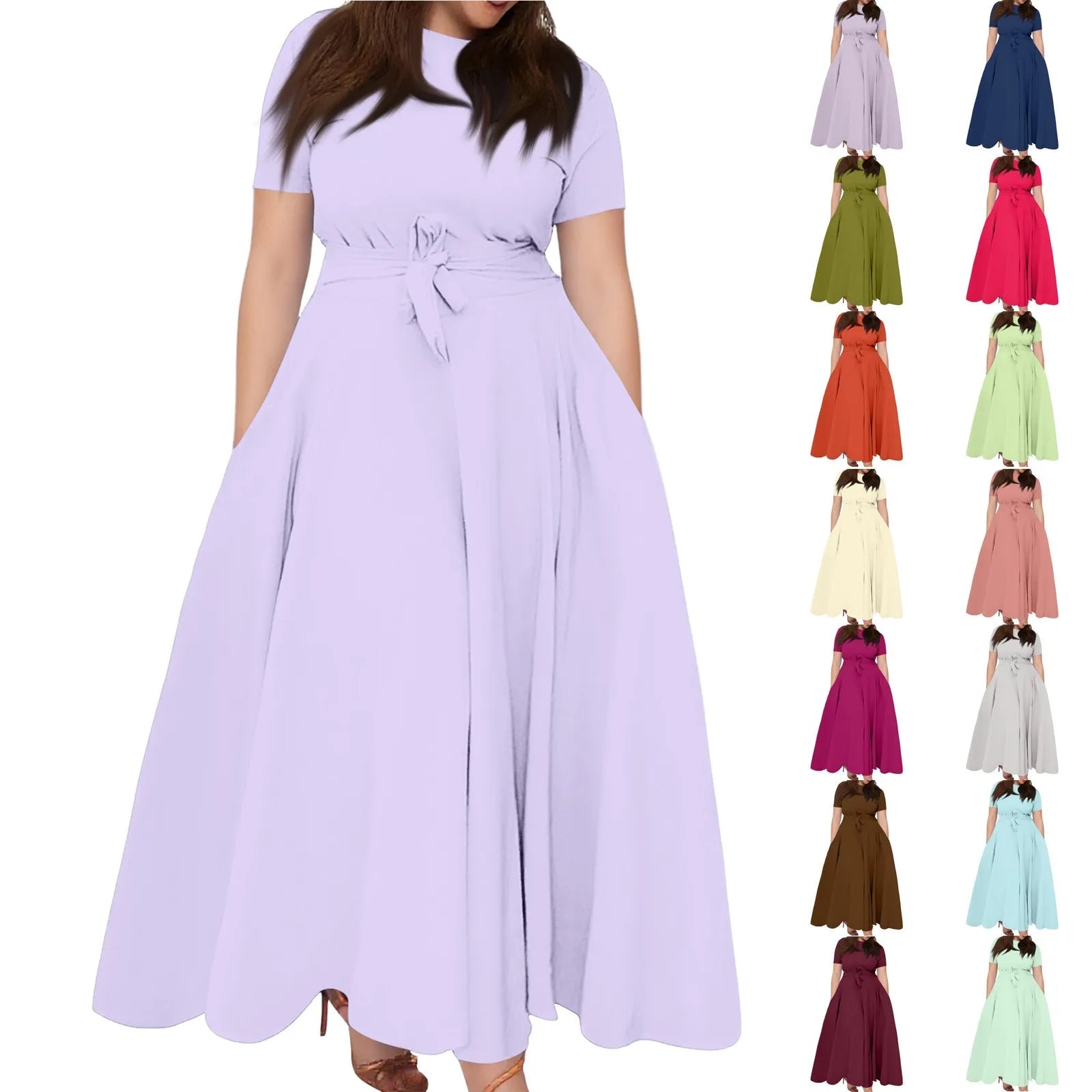 Women's Large Size Dresses Casual Fashion Elegant Matching Dress Simple Solid Round Neck Short Sleeve Pocket Big Swing Dress 6XL - Clothesfassion.store