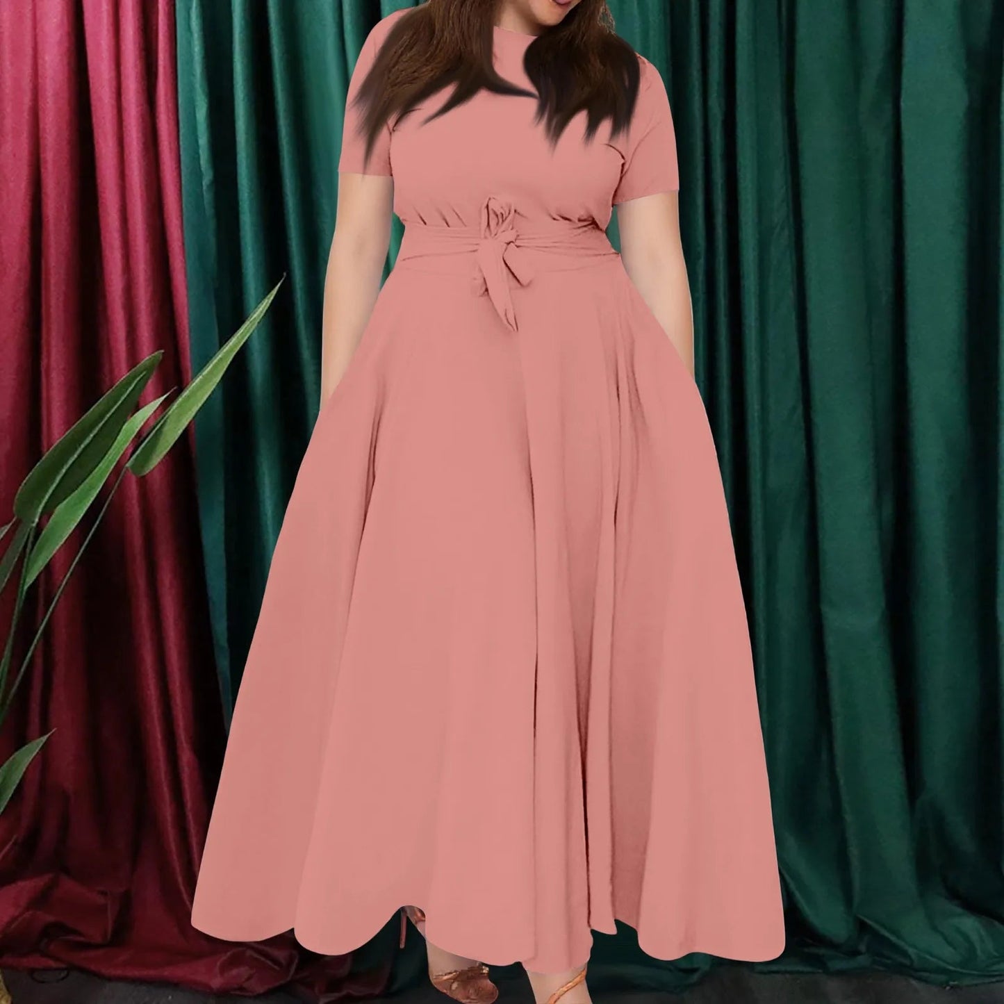 Women's Large Size Dresses Casual Fashion Elegant Matching Dress Simple Solid Round Neck Short Sleeve Pocket Big Swing Dress 6XL - Clothesfassion.store