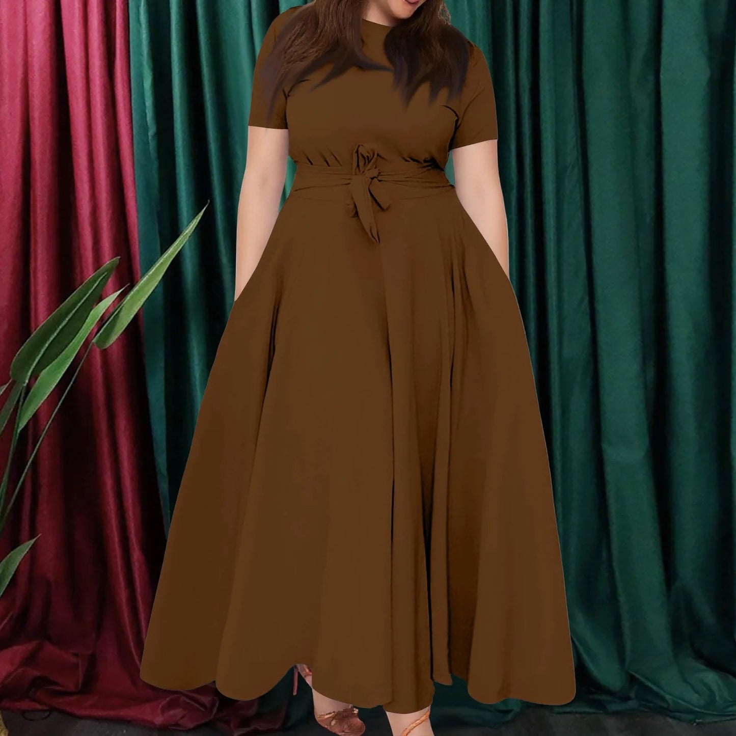 Women's Large Size Dresses Casual Fashion Elegant Matching Dress Simple Solid Round Neck Short Sleeve Pocket Big Swing Dress 6XL - Clothesfassion.store