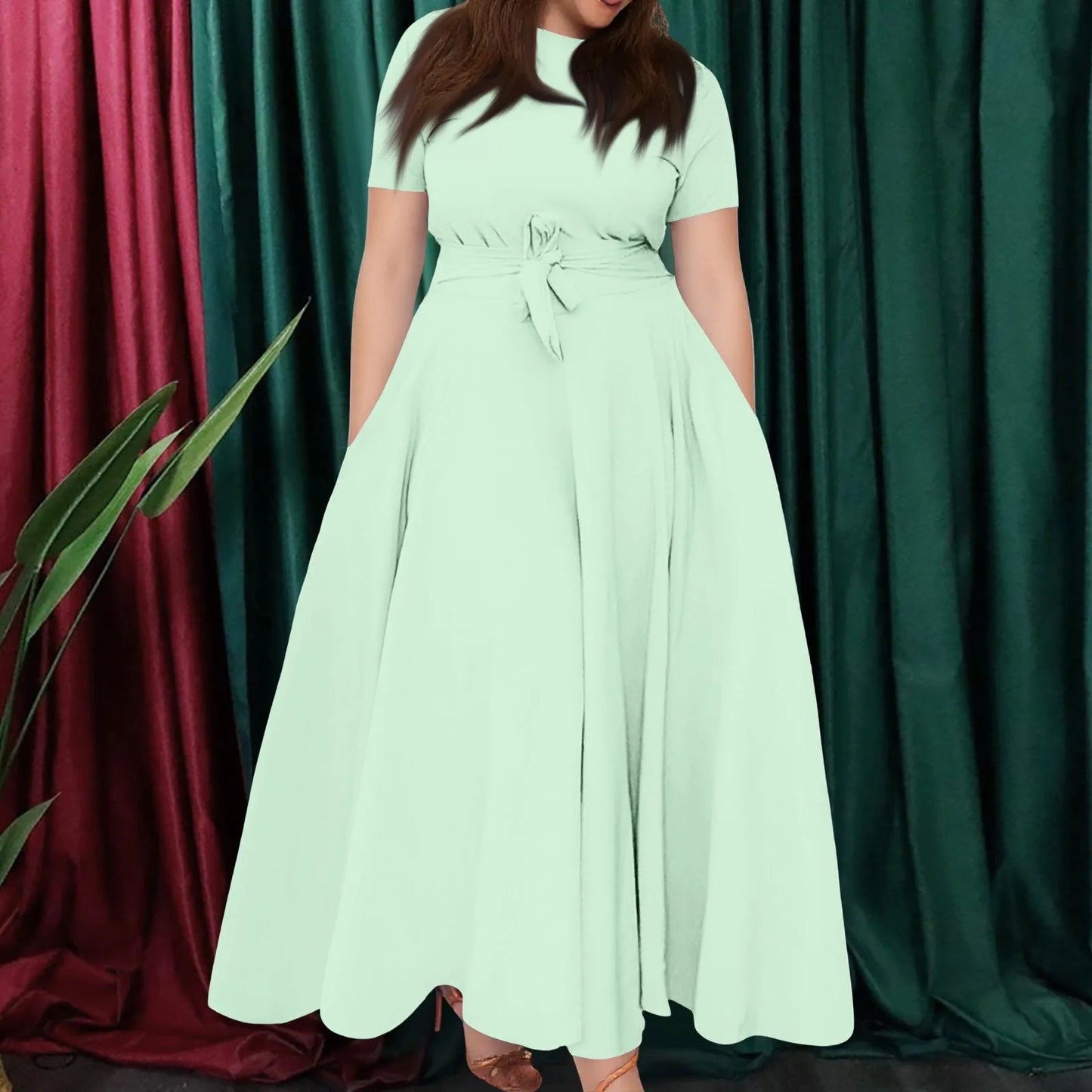 Women's Large Size Dresses Casual Fashion Elegant Matching Dress Simple Solid Round Neck Short Sleeve Pocket Big Swing Dress 6XL - Clothesfassion.store