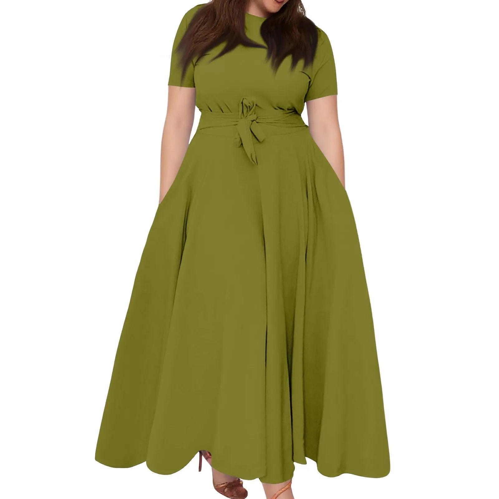Women's Large Size Dresses Casual Fashion Elegant Matching Dress Simple Solid Round Neck Short Sleeve Pocket Big Swing Dress 6XL - Clothesfassion.store