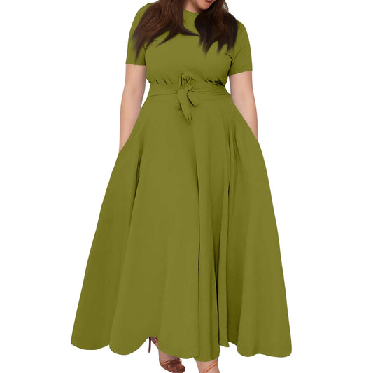 Women's Large Size Dresses Casual Fashion Elegant Matching Dress Simple Solid Round Neck Short Sleeve Pocket Big Swing Dress 6XL - Clothesfassion.store