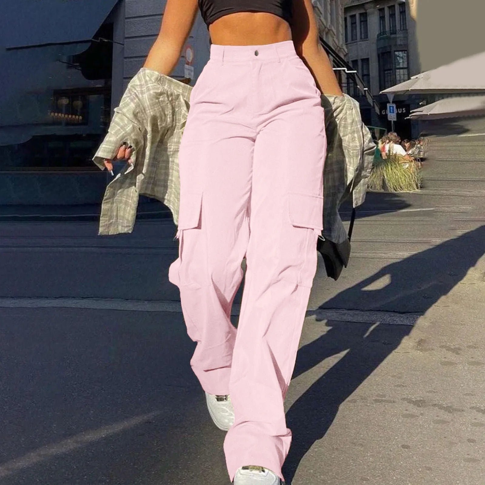 Women's Loose Cargo Pants High Waist Wide Leg Solid Color Full Length Trousers With Pockets Casual All Seasons Long Pantalones - Clothesfassion.store