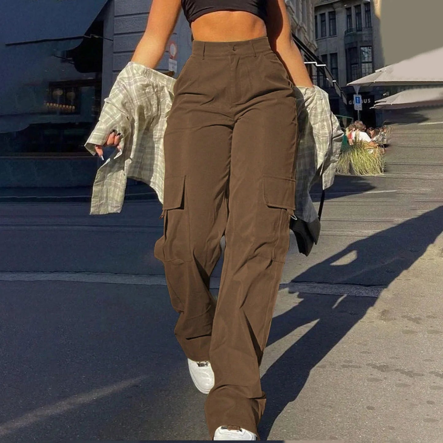 Women's Loose Cargo Pants High Waist Wide Leg Solid Color Full Length Trousers With Pockets Casual All Seasons Long Pantalones - Clothesfassion.store