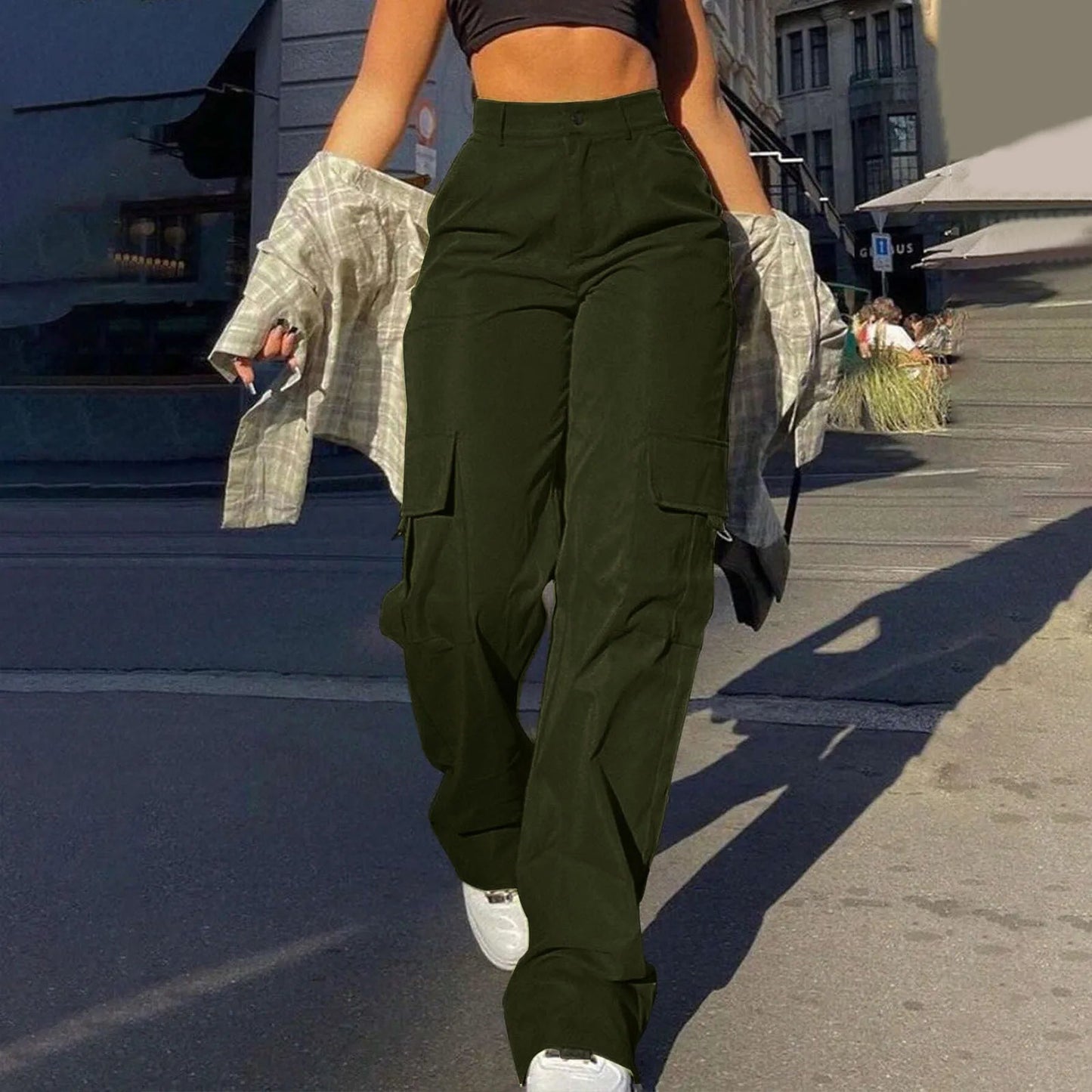Women's Loose Cargo Pants High Waist Wide Leg Solid Color Full Length Trousers With Pockets Casual All Seasons Long Pantalones - Clothesfassion.store