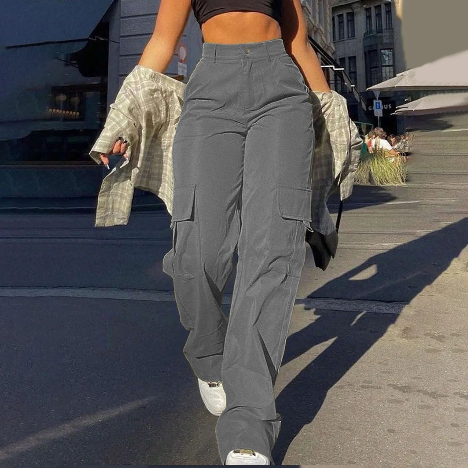Women's Loose Cargo Pants High Waist Wide Leg Solid Color Full Length Trousers With Pockets Casual All Seasons Long Pantalones - Clothesfassion.store