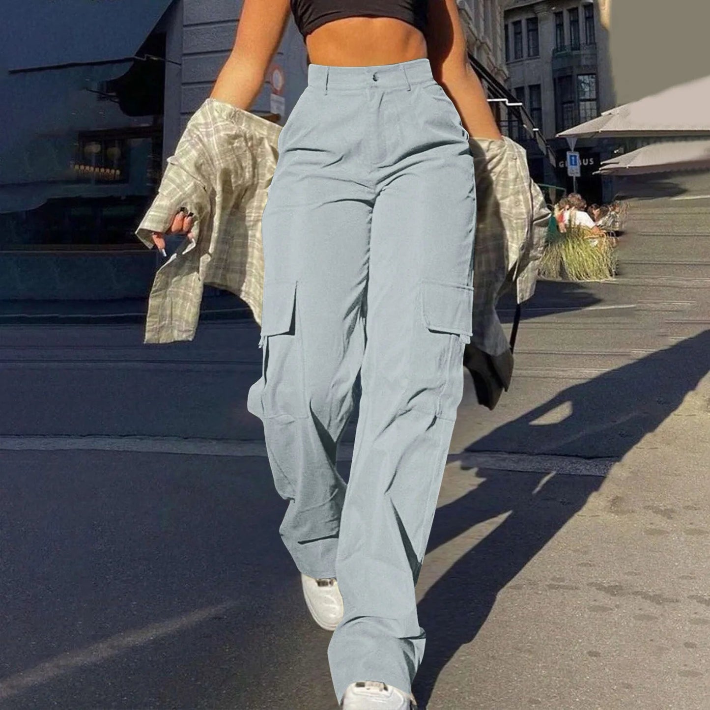Women's Loose Cargo Pants High Waist Wide Leg Solid Color Full Length Trousers With Pockets Casual All Seasons Long Pantalones - Clothesfassion.store