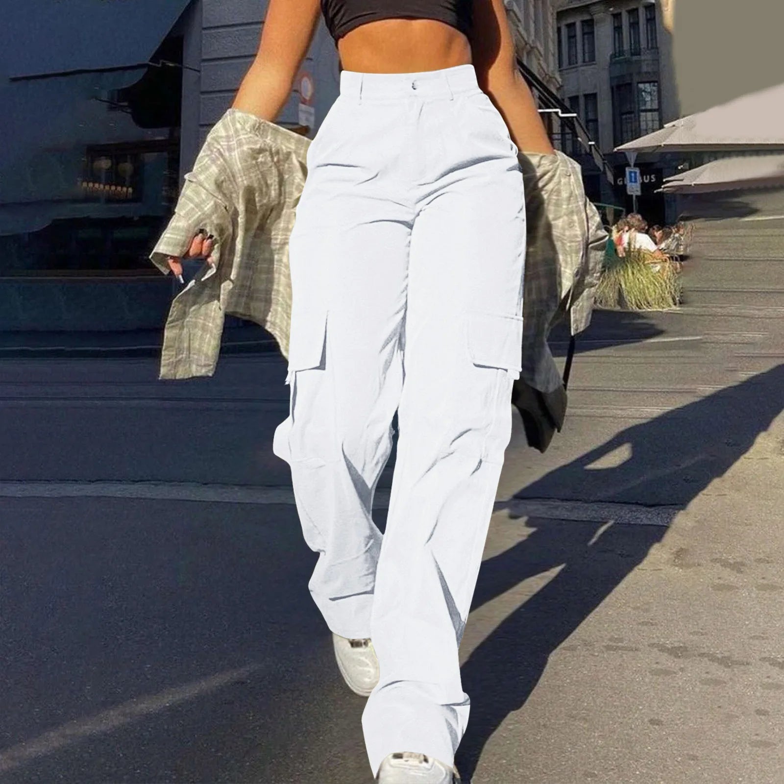 Women's Loose Cargo Pants High Waist Wide Leg Solid Color Full Length Trousers With Pockets Casual All Seasons Long Pantalones - Clothesfassion.store