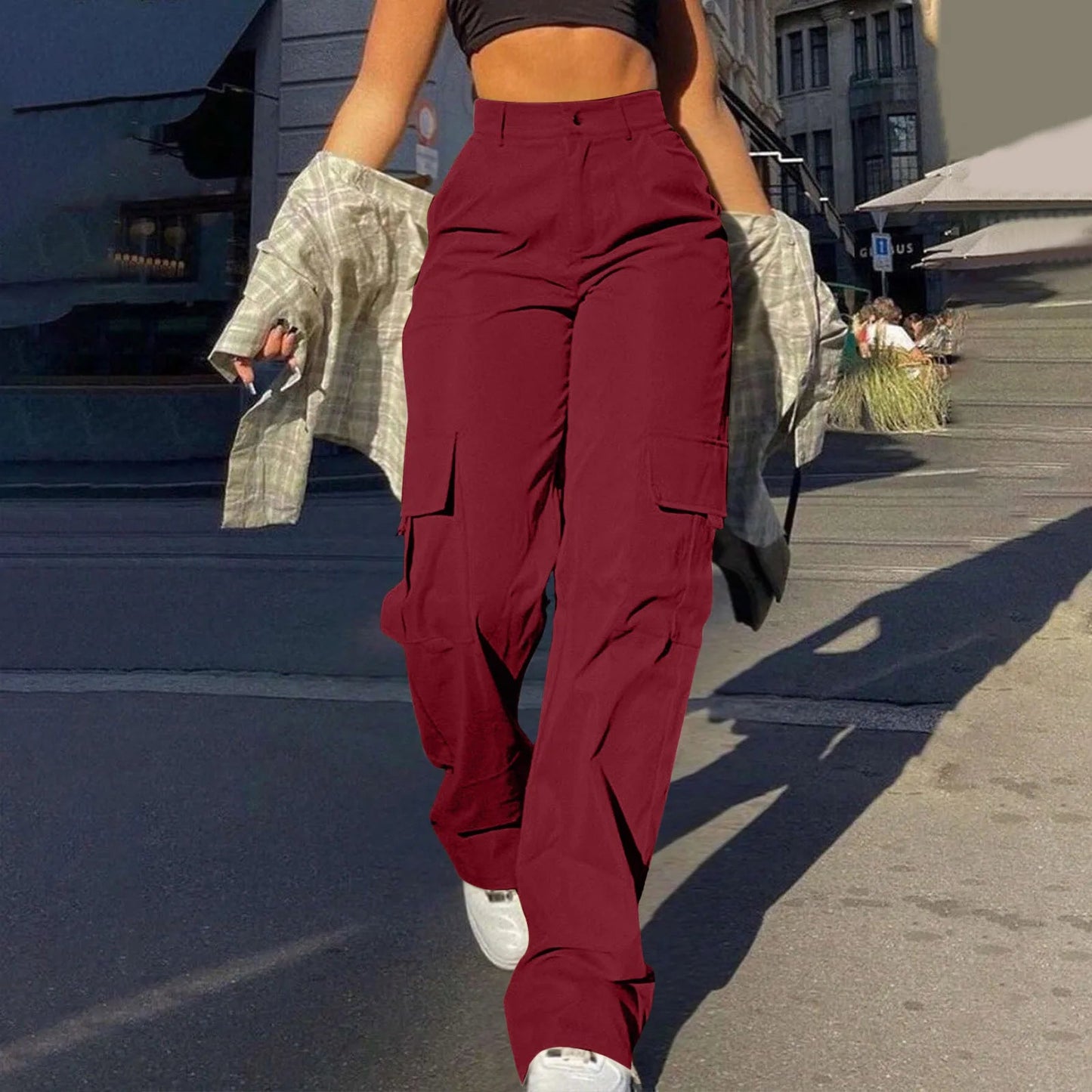 Women's Loose Cargo Pants High Waist Wide Leg Solid Color Full Length Trousers With Pockets Casual All Seasons Long Pantalones - Clothesfassion.store