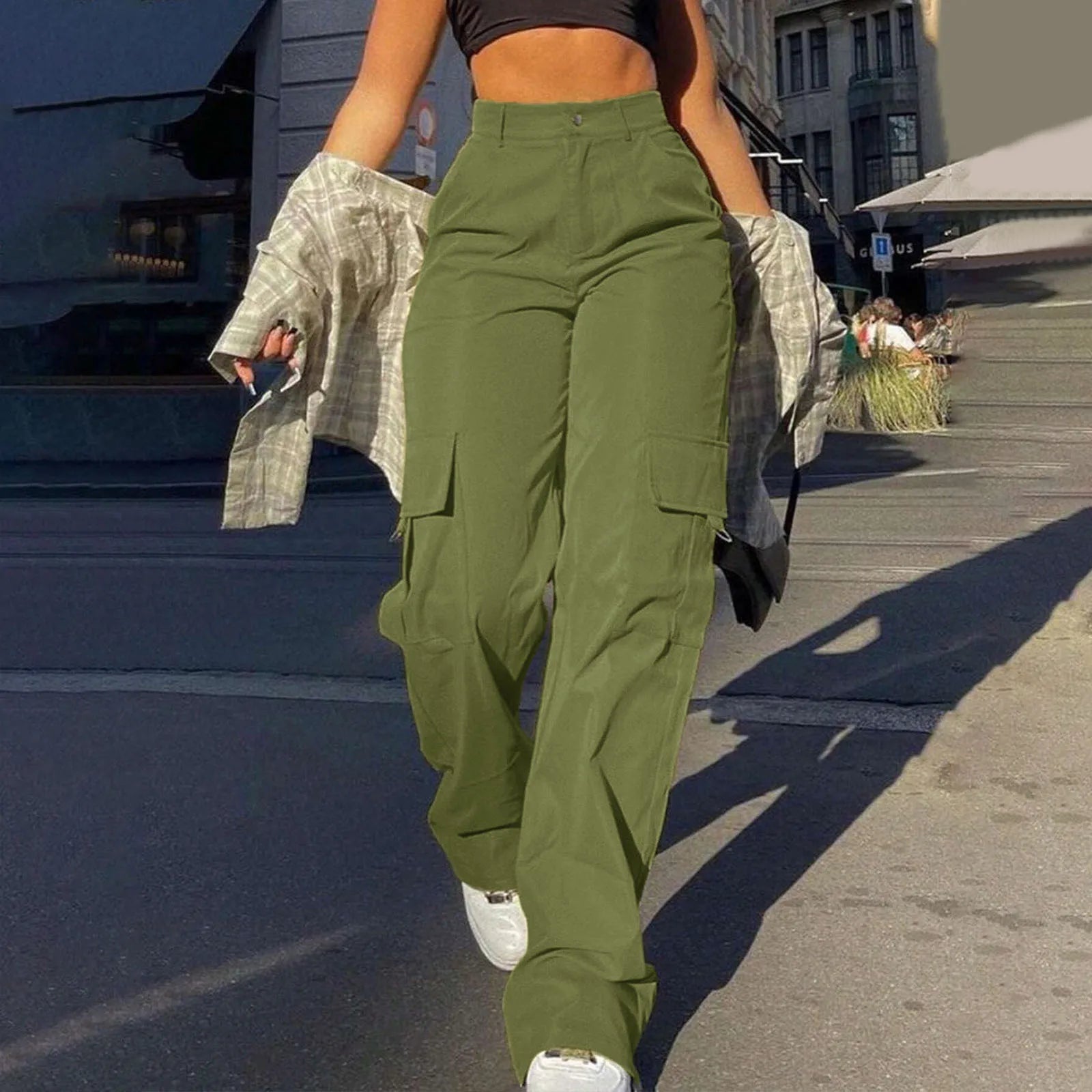 Women's Loose Cargo Pants High Waist Wide Leg Solid Color Full Length Trousers With Pockets Casual All Seasons Long Pantalones - Clothesfassion.store