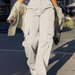 Women's Loose Cargo Pants High Waist Wide Leg Solid Color Full Length Trousers With Pockets Casual All Seasons Long Pantalones - Clothesfassion.store
