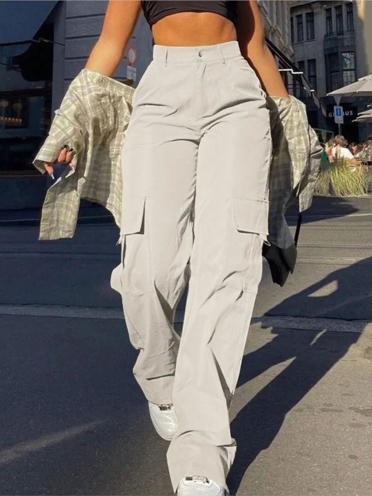 Women's Loose Cargo Pants High Waist Wide Leg Solid Color Full Length Trousers With Pockets Casual All Seasons Long Pantalones - Clothesfassion.store