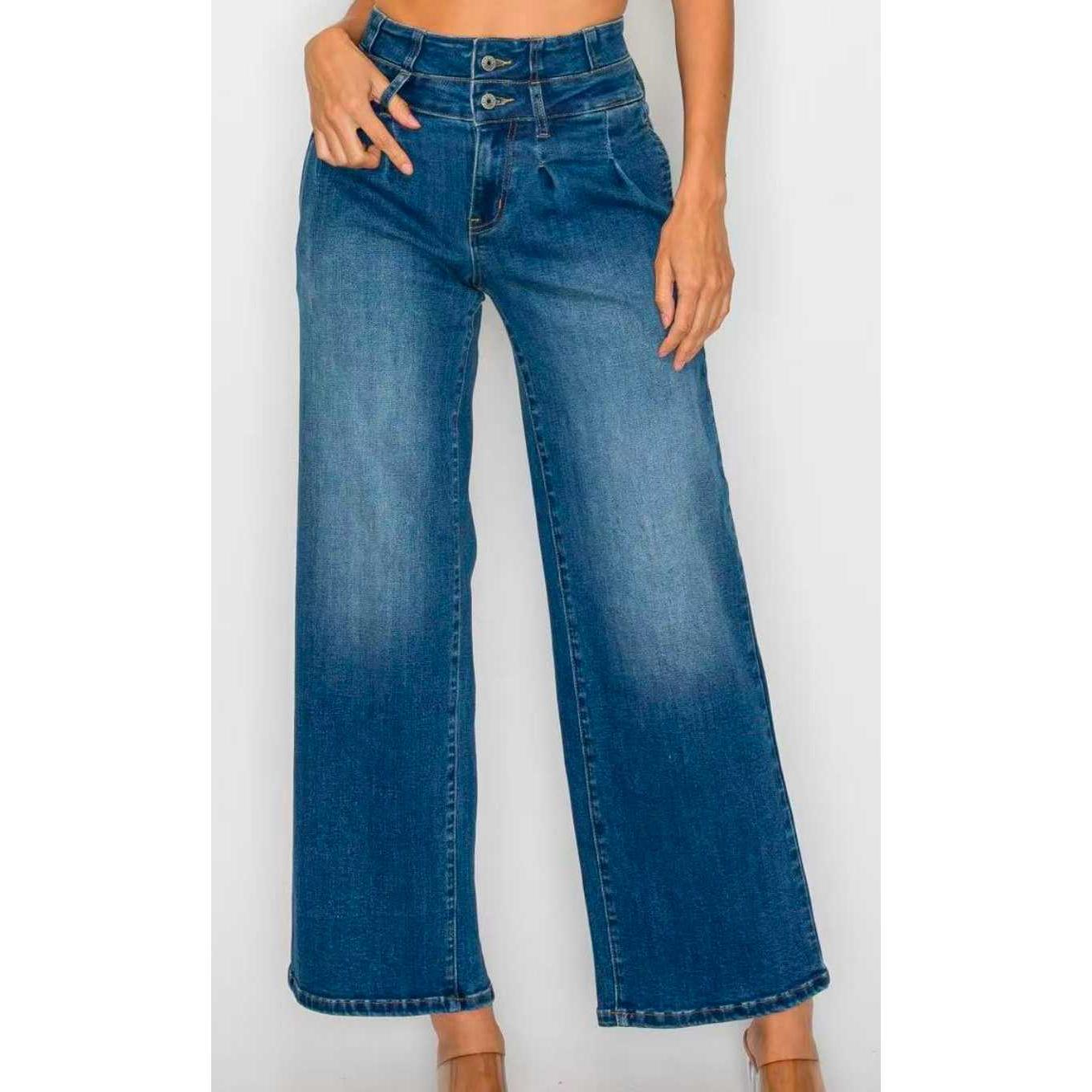 Women's Medium Blue Elastic Waist Jeans - Wide Leg Casual Denim - Clothesfassion.store
