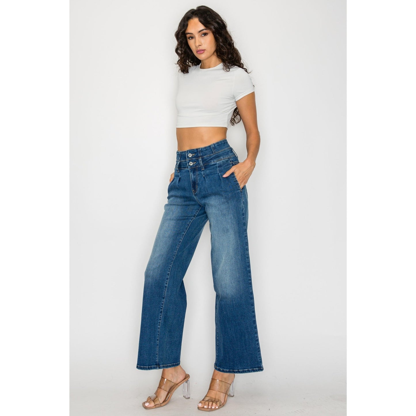 Women's Medium Blue Elastic Waist Jeans - Wide Leg Casual Denim - Clothesfassion.store