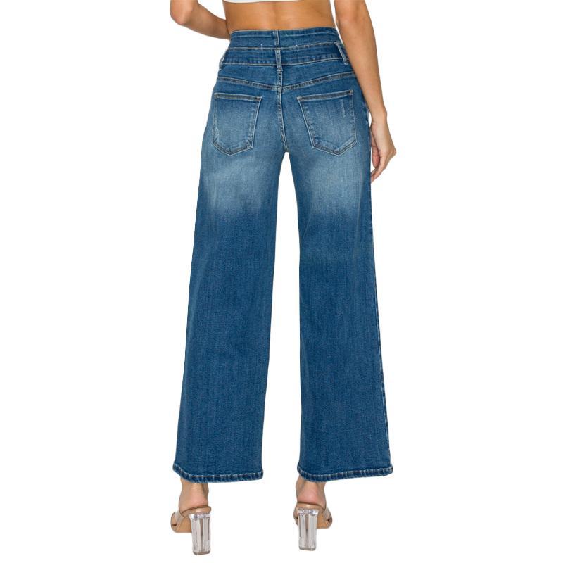 Women's Medium Blue Elastic Waist Jeans - Wide Leg Casual Denim - Clothesfassion.store