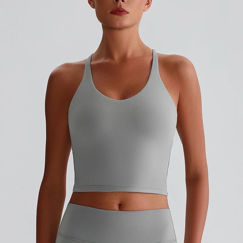 Women's Nude Yoga Wear Sexy Crossover Back Top Detachable Chest Pads Breathable Quick - drying Athletic Fitness Running Clothes - Clothesfassion.store