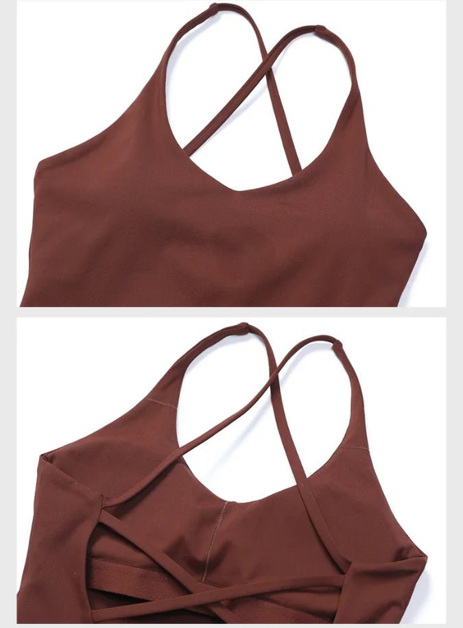 Women's Nude Yoga Wear Sexy Crossover Back Top Detachable Chest Pads Breathable Quick - drying Athletic Fitness Running Clothes - Clothesfassion.store