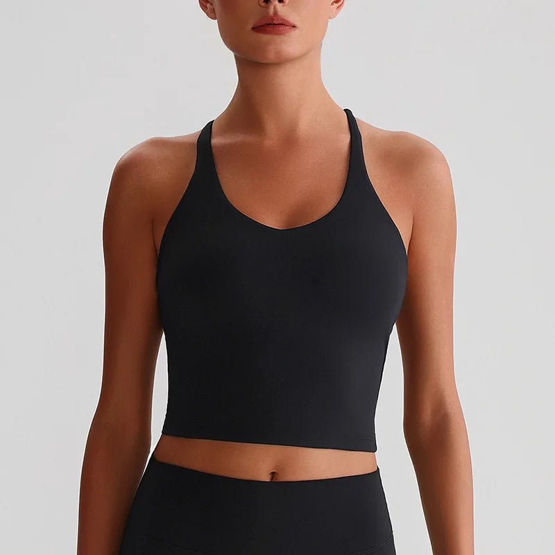 Women's Nude Yoga Wear Sexy Crossover Back Top Detachable Chest Pads Breathable Quick - drying Athletic Fitness Running Clothes - Clothesfassion.store