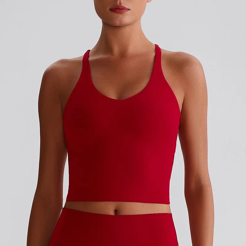 Women's Nude Yoga Wear Sexy Crossover Back Top Detachable Chest Pads Breathable Quick - drying Athletic Fitness Running Clothes - Clothesfassion.store