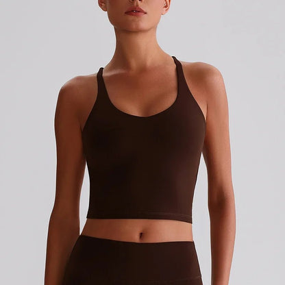 Women's Nude Yoga Wear Sexy Crossover Back Top Detachable Chest Pads Breathable Quick - drying Athletic Fitness Running Clothes - Clothesfassion.store