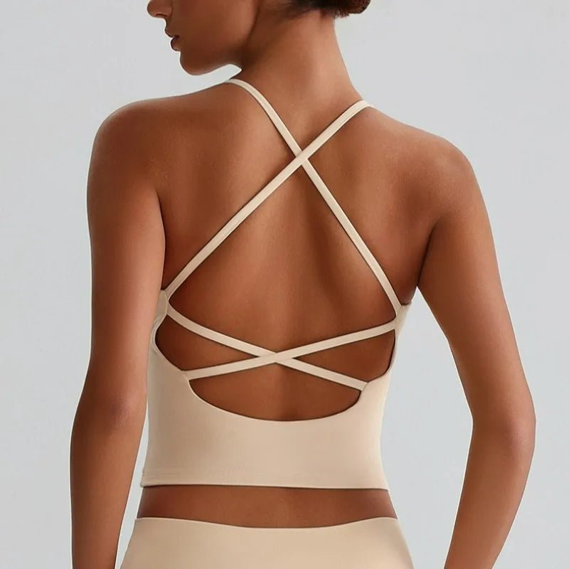 Women's Nude Yoga Wear Sexy Crossover Back Top Detachable Chest Pads Breathable Quick - drying Athletic Fitness Running Clothes - Clothesfassion.store