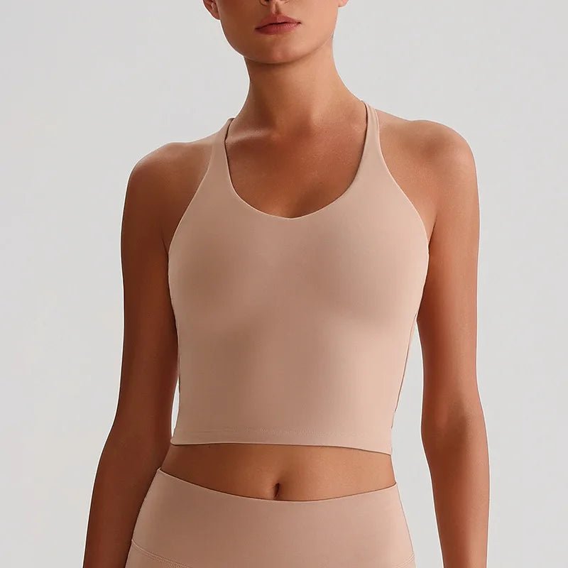 Women's Nude Yoga Wear Sexy Crossover Back Top Detachable Chest Pads Breathable Quick - drying Athletic Fitness Running Clothes - Clothesfassion.store