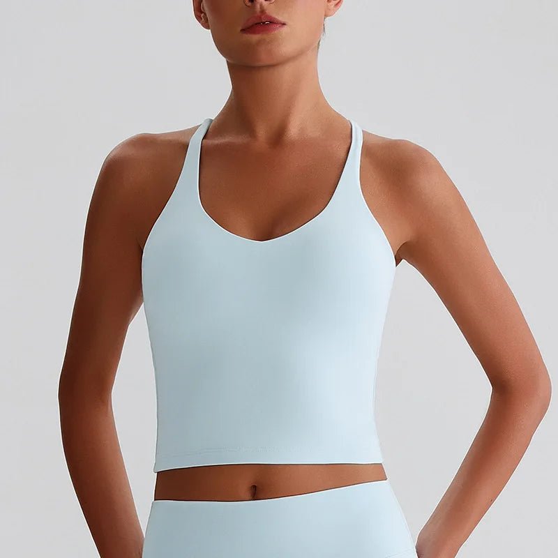 Women's Nude Yoga Wear Sexy Crossover Back Top Detachable Chest Pads Breathable Quick - drying Athletic Fitness Running Clothes - Clothesfassion.store