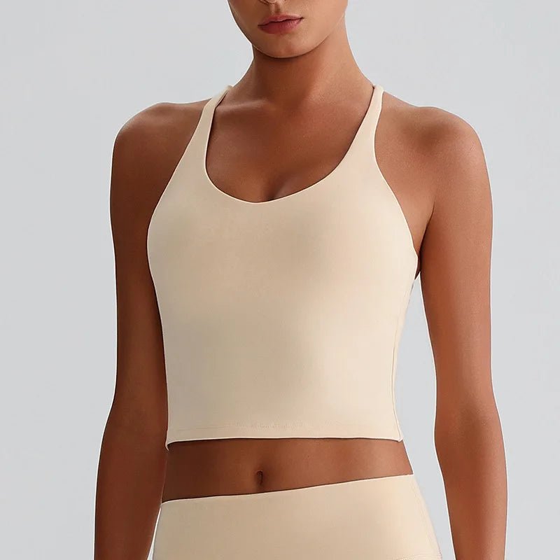 Women's Nude Yoga Wear Sexy Crossover Back Top Detachable Chest Pads Breathable Quick - drying Athletic Fitness Running Clothes - Clothesfassion.store