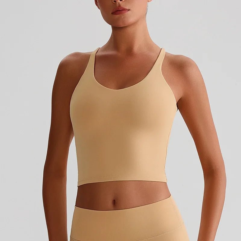 Women's Nude Yoga Wear Sexy Crossover Back Top Detachable Chest Pads Breathable Quick - drying Athletic Fitness Running Clothes - Clothesfassion.store