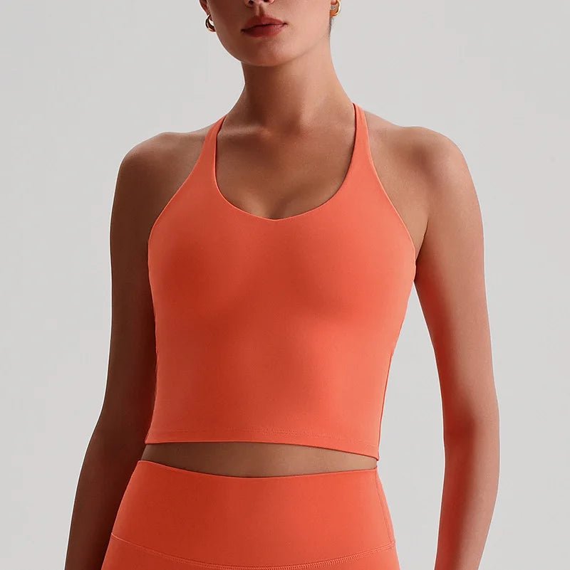 Women's Nude Yoga Wear Sexy Crossover Back Top Detachable Chest Pads Breathable Quick - drying Athletic Fitness Running Clothes - Clothesfassion.store